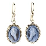14k Gold Blue Agate Cameo Horse Earrings (Yellow Gold)