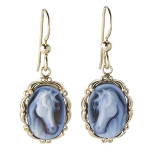 14k Gold Blue Agate Cameo Horse Earrings (Yellow Gold) by Francesca Fine Jewelry