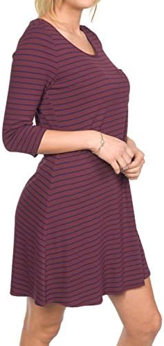 RIBBED STRIPE OPEN BACK FLARE DRESS, 3/4 SLEEVE CASUAL KNIT DRESS 25L3 Large BURGUNDY NAVY