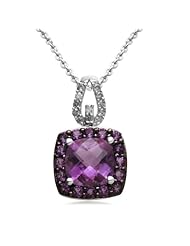 Jewelili Sterling Silver Cushion Shape Pendant with Genuine Amethyst and Diamond. 18" chain included