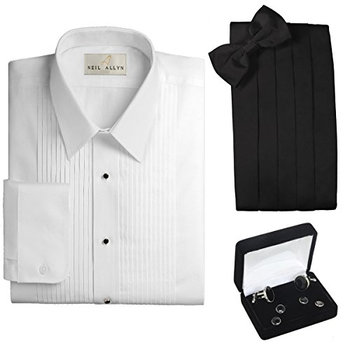 Tuxedo Shirt, Cummerbund, Bow Tie, Cufflink & Studs Set - Laydown Collar, L(16-16.5 Neck, 32/33 Sleeve) , White