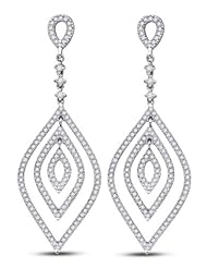 14K White Gold Round Brilliant Cut Diamond - Marquise Shape Halo Prong Set Dangle Earrings - (1.19 cttw.)