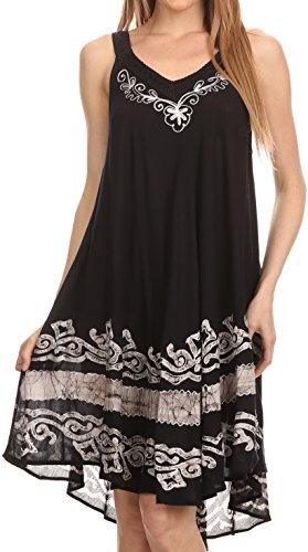 Sakkas 16605 - Gasha Sleeveless Mid Length Caftan Dress With Embroidery Details And V Neck - Black / White - OS