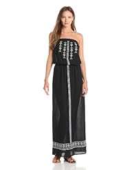 Strapless Summer Crinkled Embroidered Cotton/Velvet Maxi Dress 