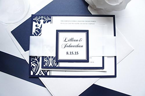 Navy Damask Wedding Invitation- SAMPLE SET