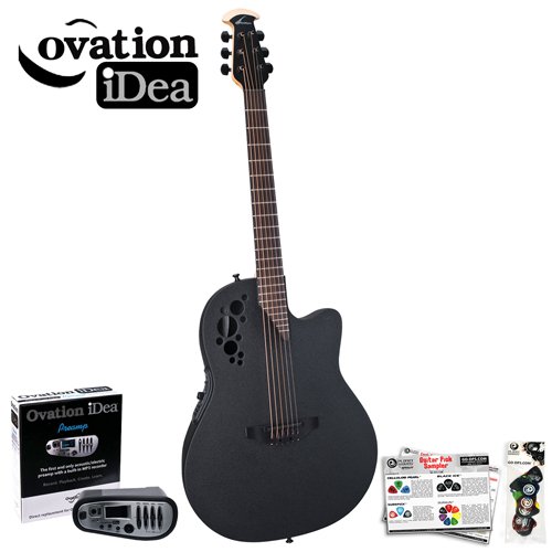 Ovation Elite TX Black AcousticElectric Guitar with Ovation OP-PRO and iDea OPi-1 Preamps - Includes Planet Waves 16 Pick Sampler Pack