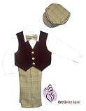 Holiday Slacks Set Boys 5-pc with Burgundy Velvet Vest, Bowtie, Dress Shirt and Newsboy Cap Sizes 1 to 7