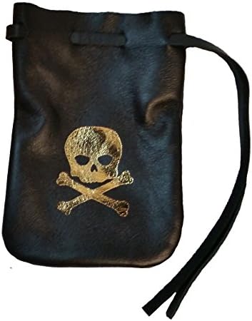 Leather Pirate Dice Bag - Skull - Medium 4.5" x 6" Drawstring Pouch (Black Leather with Gold)