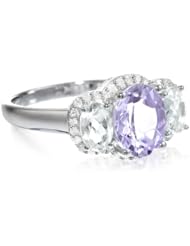 Sterling Silver Rose De France, Green Amethyst and Diamond 3-Stone Ring, Size 7