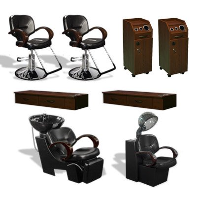 Cambridge Collection featuring Two (2) Styling Chairs, Two (2) Brown 2-Drawer Styling Stations, Two (2) Brown Locking Carts, One (1) Dryer Unit & One (1) Shampoo Unit from SalonSmart (SHIPS FREE!)