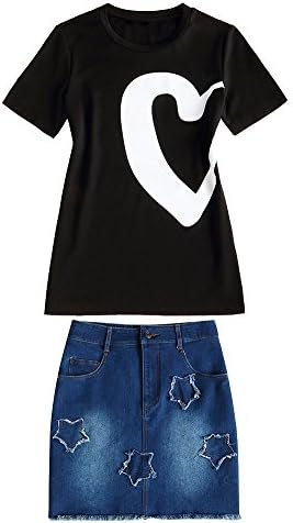 DAILISHA Women's Hart Black Tee Top Denim Star A Line Skirt 2 Piece Set Outfits (L)
