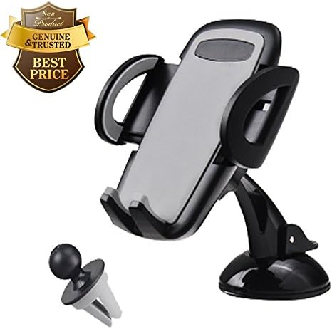 Car Mount Phone Holder, Aakia 3 IN 1 Universal Windshield &amp; Air Vent Cellphone Cradle with Big Strong Suction Cup, Padded, Adjustable Grips for iPhone, Samsung, Android Smartphone,GPS etc (Black)
