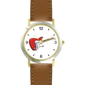 Electric Guitar Musical Instrument - Music Theme - WATCHBUDDY� DELUXE TWO-TONE THEME WATCH - Arabic Numbers - Brown Leather Strap-Size-Children's Size-Small ( Boy's Size & Girl's Size )