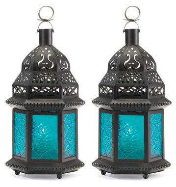 2 Metal Moroccan Blue Glass Candle Holder Lanterns