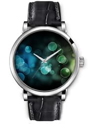 SPRAWL Aanalog Fashion Series Silver Ladies Watches of Genuine Black Leather Strap,Unique Wrist Watch for Women Girls Designed with Bubbles greenish black background