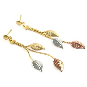 Beautiful Dainty 24k Yellow, Rose and White Gold Layered GL Triple Leaf Charm Dangle Earrings Post...