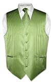 Men's Dress Vest & NeckTie Spinach Green Striped Vertical Stripes Design Set for Suit or Tuxedo