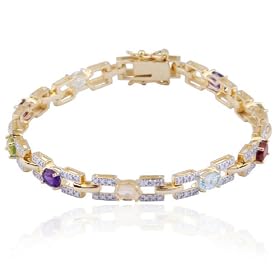 18k Yellow Gold Overlay Sterling Silver Multi-Gemstone & Diamond Bracelet, 7.25