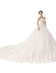 A-line Strapless Full Length Tulle Lace-Up Applique Wedding Dress  with a Cathedral Train 