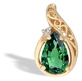 14K Yellow Gold Pear Created Emerald and Diamond Pendant