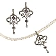 Fleur-de-lis Silver Natural Seed Pearl Pendant Necklace & Chandelier Earrings Ruby Set - Dahlia Vintage Collection