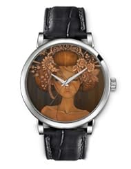 SPRAWL Aanalog Fashion Series Silver Ladies Watches of Genuine Black Leather Strap,Unique Wrist Watch for Women Girls Designed with Golden girl with fancy hairstyle