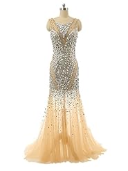 Mermaid Tulle Crystals Open-Back Sheer  Crystal Beaded Scoop Neck Evening Dress  With Ruffles
