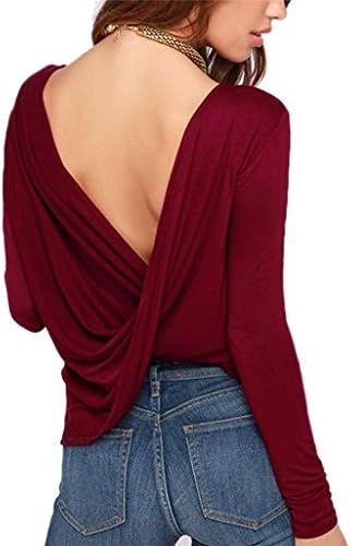 Women's Loose Long Sleeve Backless Top Blouse Large Wine Red