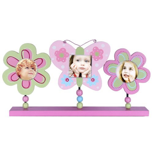 Adeco Decorative Wood Table Desk Top Picture Photo Frame, Flowers and Butterfly, 3 Openings, 3x3" Pink Green