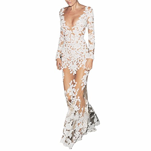 White Long Sleeve Deep V-Neck Floral Lace Mesh Sexy Night Ball Gown Maxi Dress