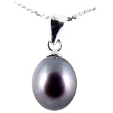 AugustinaJewelry Freshwater Cultured Oval Shape 7-8mm Black Pearl Pendant, 16" Sterling Silver 1MM Cable Chain