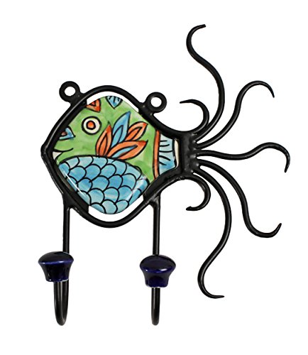 Fancy Fish Shaped Hand Painted Iron & Ceramic All Purpose Wall Hooks Key Hooks Coat Hangers, 6.5 x 8 Inches