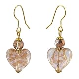 Earrings - E392 - Murano Style Glass - Heart ~ Peach and Copper Fleck