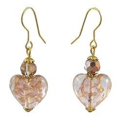 Earrings - E392 - Murano Style Glass - Heart ~ Peach and Copper Fleck