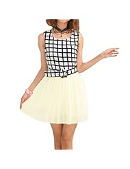 Sleeveless Chiffon Elasticized   Waistline Belted Sheer Pleated Summer Checkered Print Scoop Neck  Dress