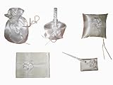 41QrpoaIaxL. SL160  New White Satin Roses Flower Basket, Guest Book, Pen, Ring Pillow & Money Bag Bridal Accessory Set