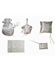 New White Satin Roses Flower Basket, Guest Book, Pen, Ring Pillow & Money Bag... by BridalPetticoat