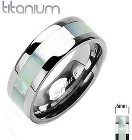Solid Titanium Ring with Centered Mother of Pearl Inlayed Comfort Fit Band, Ring Width of 6MM