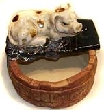 Decorative pig resting on barrel - hand glazed ceramic bowl / planter