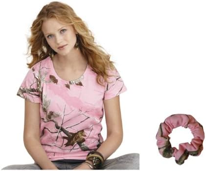 Realtree Pink Tshirt + Scrunchie, 2PC Pink Camo Tee + Ponytail Holder (Realtree AP Pink Tee + Scrunchie 2PC Set, Large)