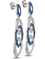 10K White Gold Round Brilliant Cut Blue and White Diamond - Channel Set Dangle Earrings with Secure Push Back Closure - (1.45 cttw.)