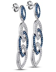 10K White Gold Round Brilliant Cut Blue and White Diamond - Channel Set Dangle Earrings with Secure Push Back Closure - (1.45 cttw.)