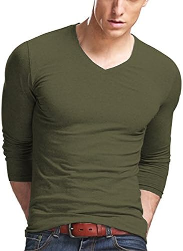 Niceclo Men's Casual Cotton V-neck Long Sleeve Shirt X-Large Amy Green