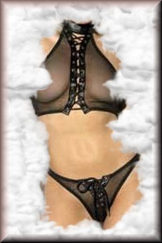 Unique Leather and Mesh 2 Piece Set Bustier and Thong Mesh Backs One Size
