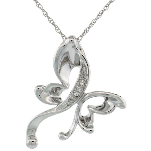 14k White Gold 18 in. Thin Chain & 13/16 in. (21mm) tall Diamond Butterfly Pendant