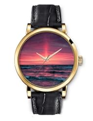 SPRAWL Aanalog Fashion Series Gold Ladies Watches of Genuine Black Leather Strap,Unique Wrist Watch for Women Girls Designed with Sunset on the beach