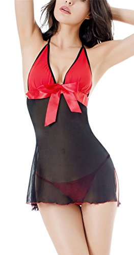 Ruzishun Women's sexy Lingerie red bow Sleepwear Underwear