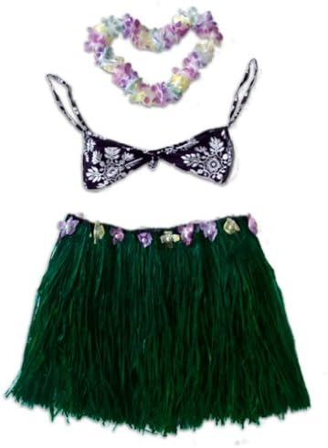 K Chang Hawaiian Hula Grass Skirt Set Cotton Bikini Top Green Adult