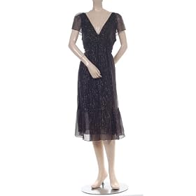BCBG BLACK SILK LUREX PINSTRIPE V-NECK DRESS NEW XS