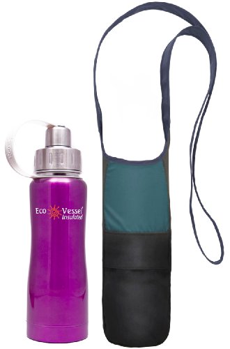 Eco Vessel 25 oz Triple Insulated Water Bottle with ChicoBag Bottle Sling - (Purple Bottle, Blue Sling)
